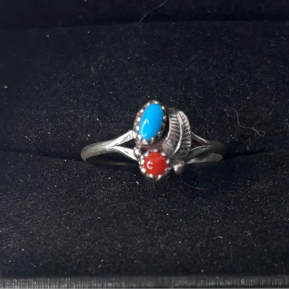 💎 NEW Turquoise & Coral Sterling Silver Ring 💎 size 6.5 - Picture 2 of 4